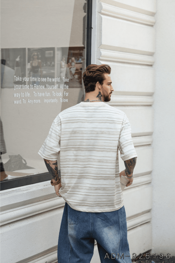 letuswin|Heavyweight Streetwear Tee | Loose Fit High-Street Stripe Patchwork | Office-Ready Unisex #825196 - Image 2