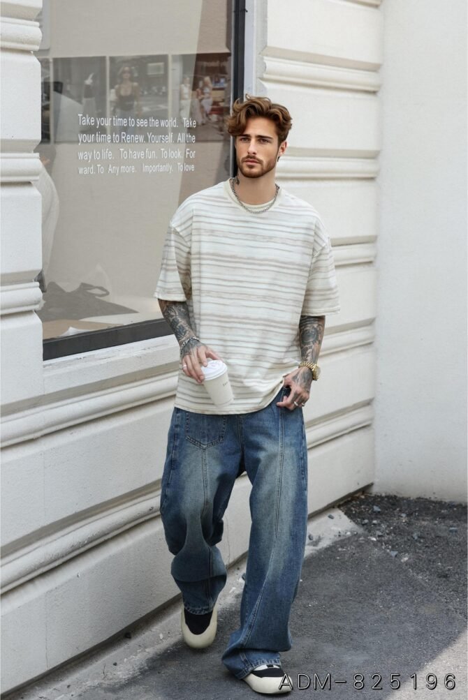 letuswin|Heavyweight Streetwear Tee | Loose Fit High-Street Stripe Patchwork | Office-Ready Unisex #825196 - Image 4