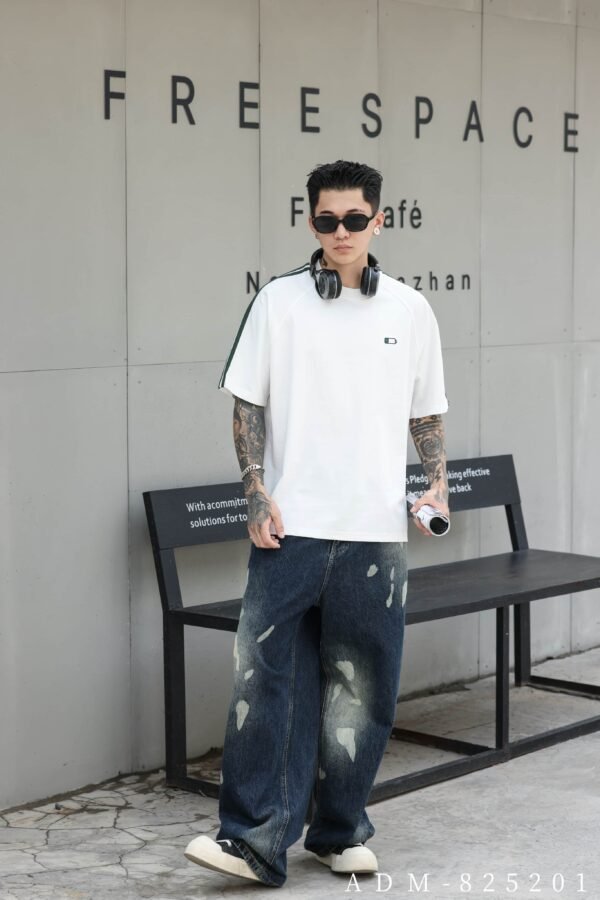 ADM New Contrast Stripe Embroidered Logo T-shirt 825201 - 200gsm Premium Cotton | Streetwear Wholesale (2 Colors) - Image 5