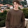 Hem Embroidered Designer Sweatshirt | Printed Crewneck 88232# | Premium Wholesale Streetwear - Coffee