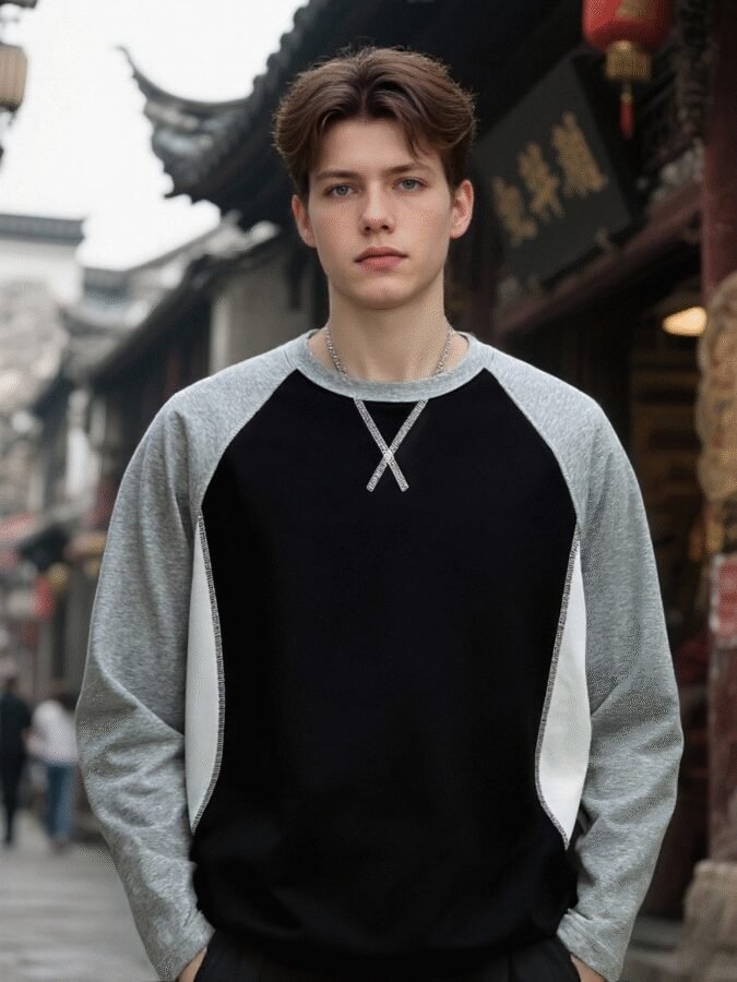 New Innovative Contrast Patchwork Hoodie | 88202# Structural Crewneck Sweatshirt - Image 12